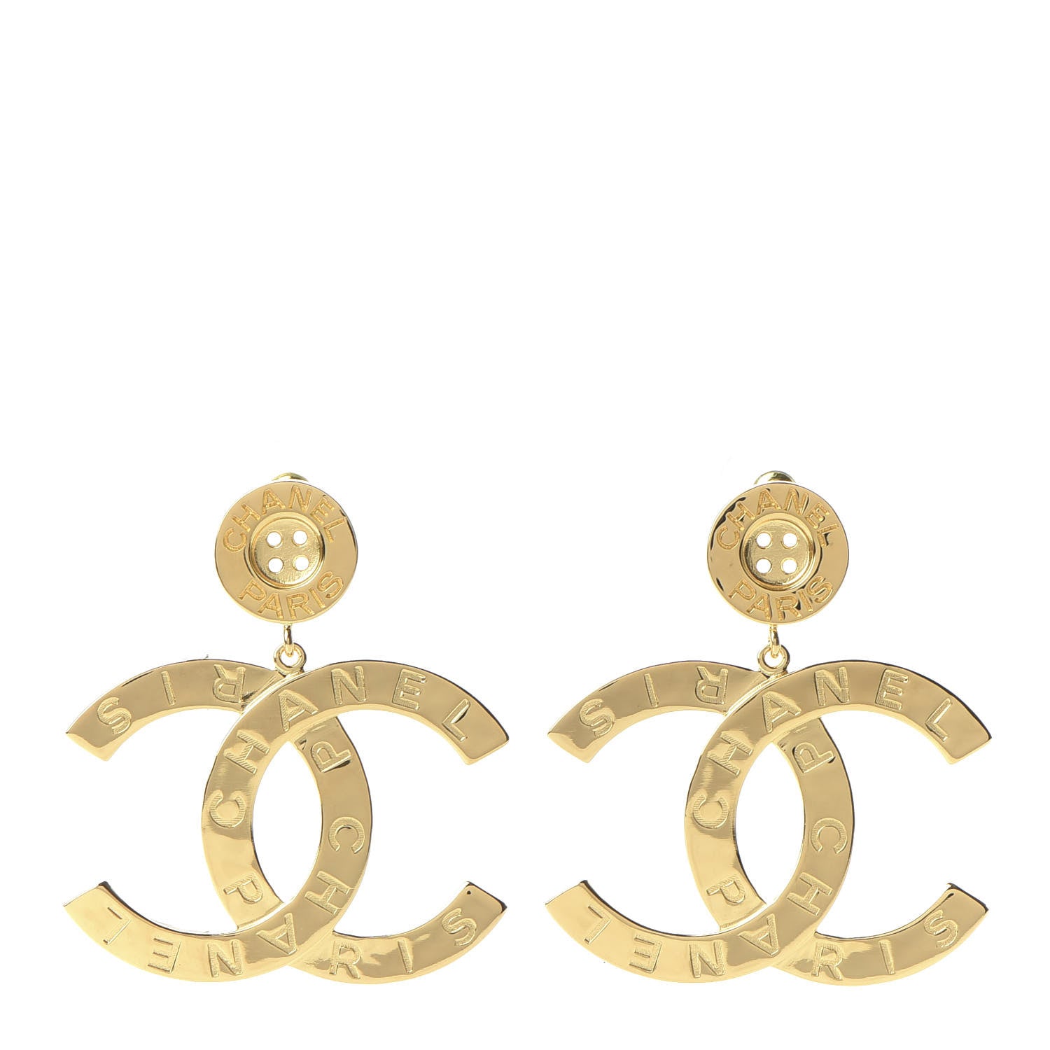 Chanel Metal Large Paris Button Earrings Gold 1 of 5