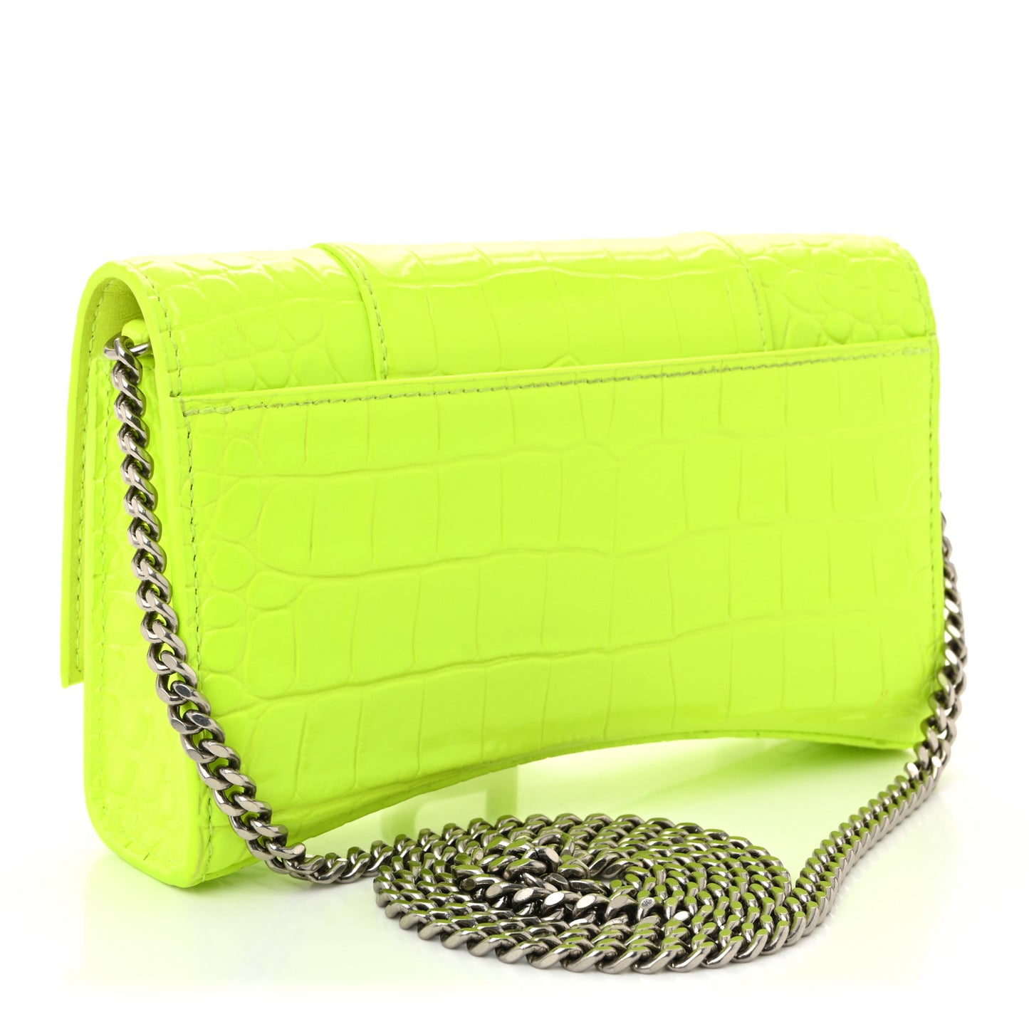 Shiny Calfskin Crocodile Embossed Hourglass Chain Bag Fluo Yellow