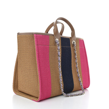 Chanel Straw Raffia Calfskin Striped Medium Deauville Tote Dark Beige Fuchsia Navy Blue 3 of 10