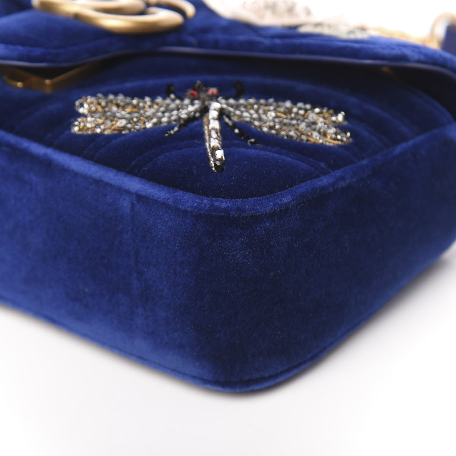 Gucci Velvet Matelasse Embroidered Mini GG Marmont Shoulder Bag Cobalt Blue 9 of 13