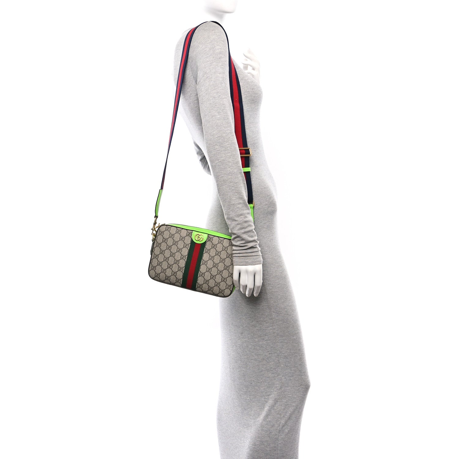 Gucci GG Supreme Monogram Textured Dollar Calfskin Web Ophidia Wristlet Shoulder Bag Beige Ebony Green 2 of 13