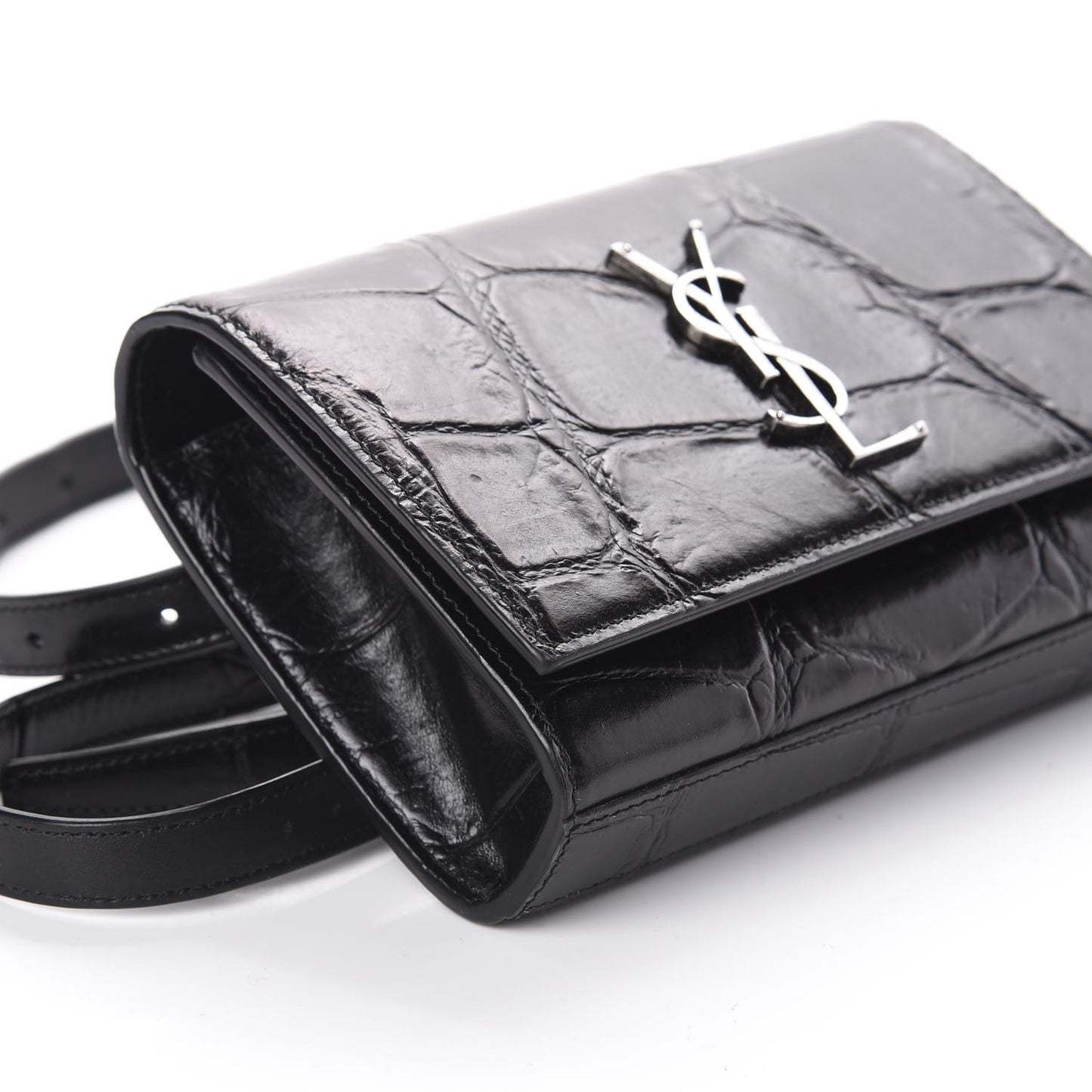 Calfskin Crocodile Embossed Monogram Kate Belt Bag Black
