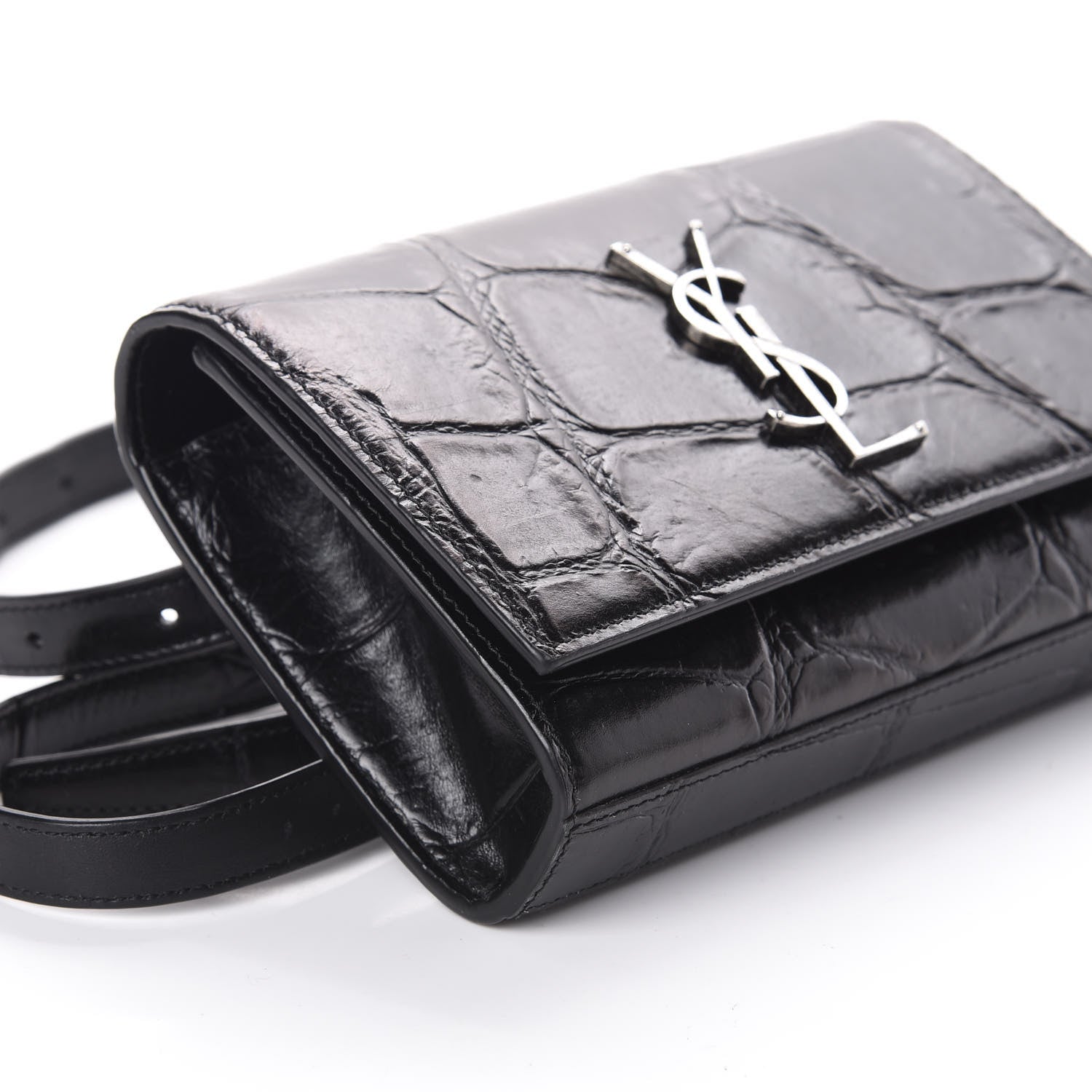 Saint Laurent Calfskin Crocodile Embossed Monogram Kate Belt Bag Black 8 of 9
