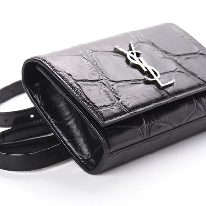 Saint Laurent Calfskin Crocodile Embossed Monogram Kate Belt Bag Black 8 of 9