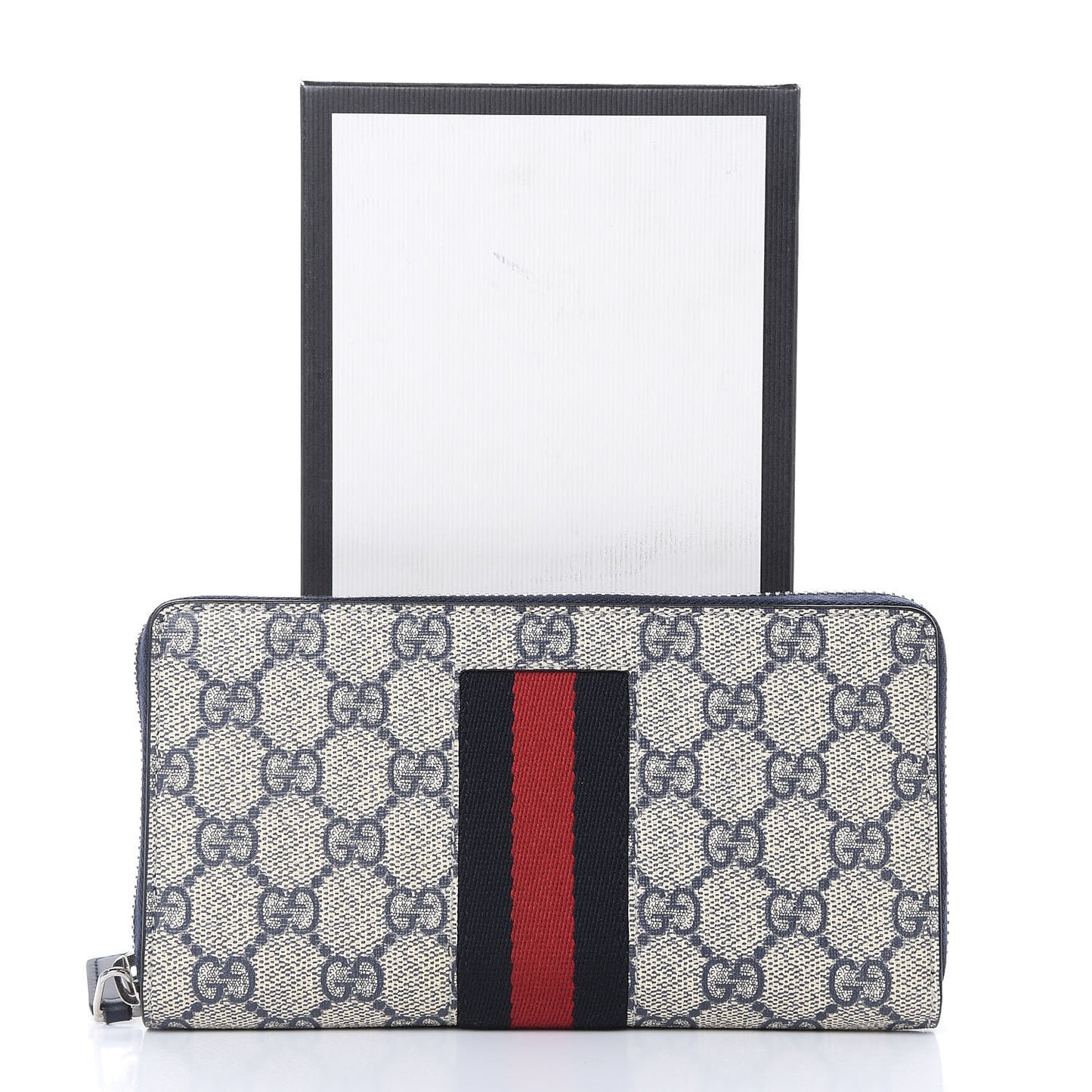 GG Supreme Monogram Web Zip Around Wallet Beige Blue
