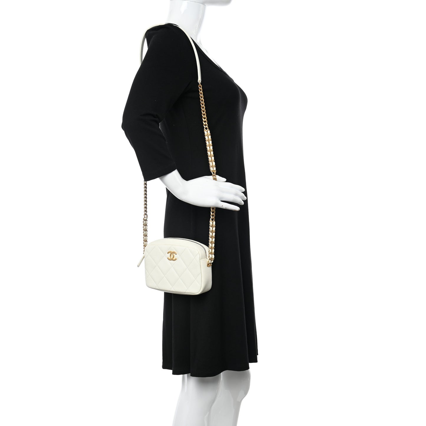 Shiny Caviar Quilted Chain Melody Camera Bag White
