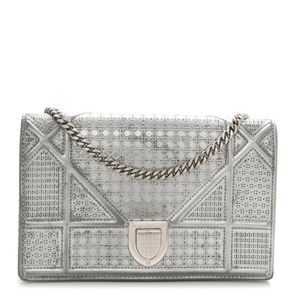 Christian Dior Metallic Patent Micro-Cannage Diorama Wallet on Chain Pouch Silver 1 of 11