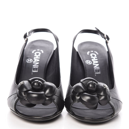 Chanel Lambskin Camellia Slingback Sandals 36.5 Black 2 of 13