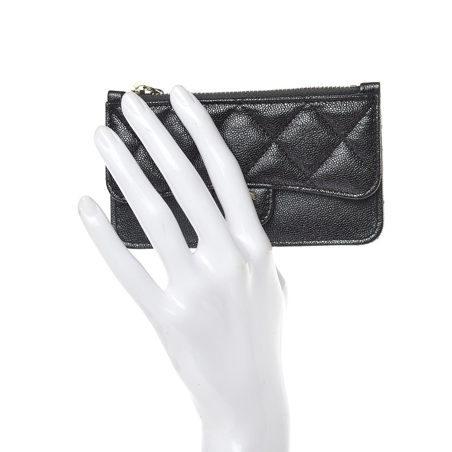 Iridescent Caviar Quilted Flap Zip Card Holder Black