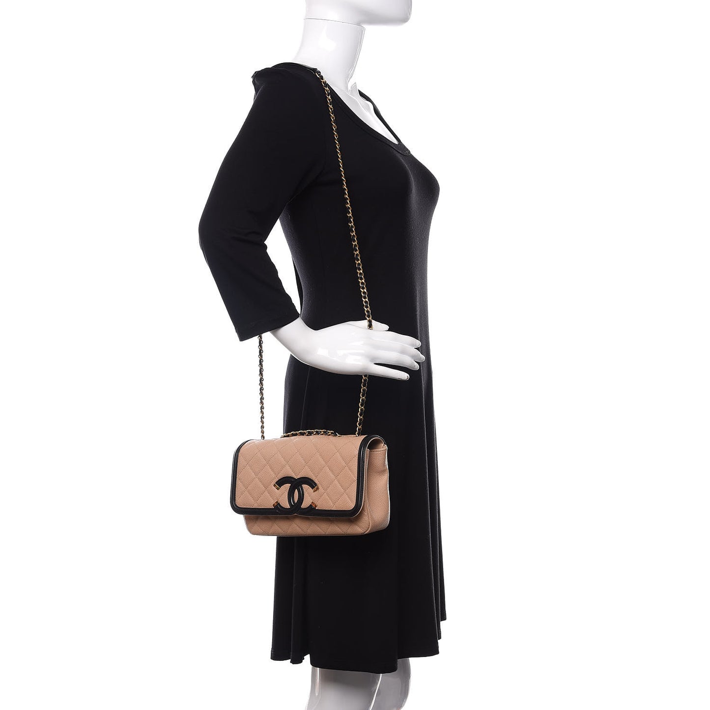 Caviar Quilted Small CC Filigree Flap Beige Black