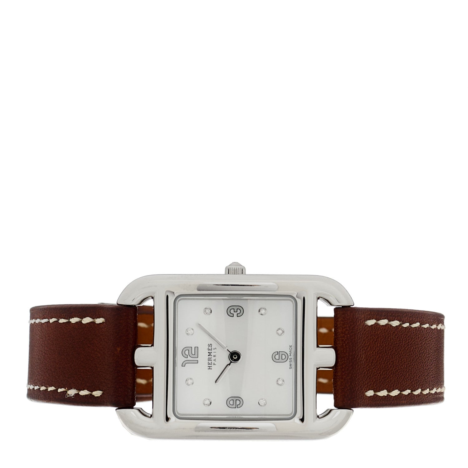 Hermes Stainless Steel Barenia Diamond Mother of Pearl 23mm Cape Cod Quartz Watch Fauve 2 of 5