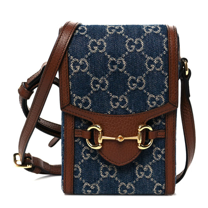 Gucci New Denim GG Monogram Dollar Calfskin Mini Horsebit 1955 Crossbody Bag Blue Tea Cuir Epilog 1 of 10