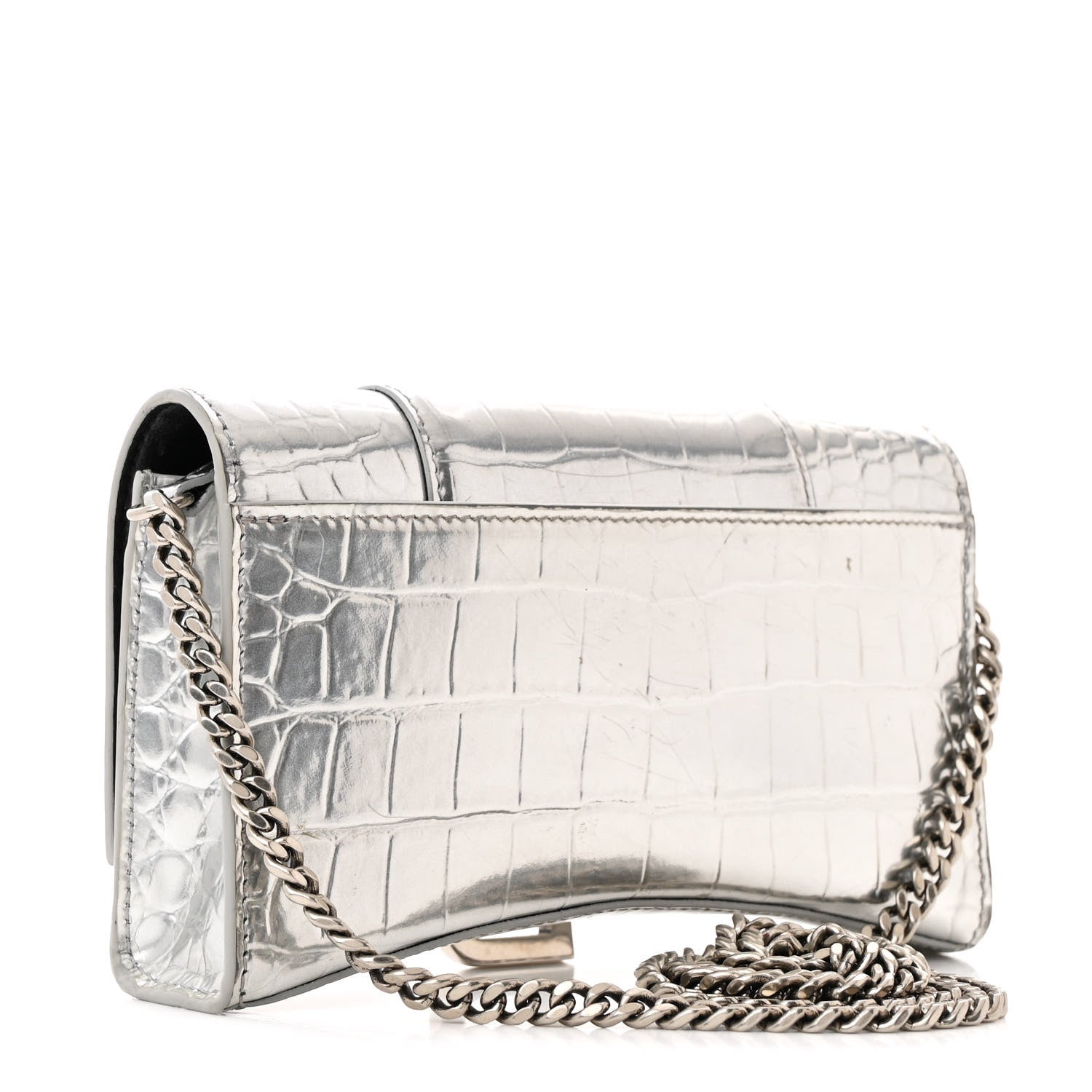 Balenciaga Metallic Calfskin Crocodile Embossed Hourglass Chain Bag Silver 3 of 17