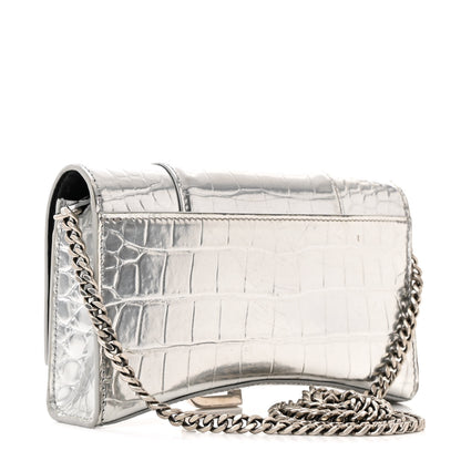 Balenciaga Metallic Calfskin Crocodile Embossed Hourglass Chain Bag Silver 3 of 17