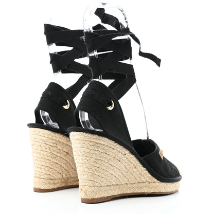 Fendi Canvas FF Embroidered Roma Ankle Wrap Wedge Espadrilles 36 Black 4 of 8