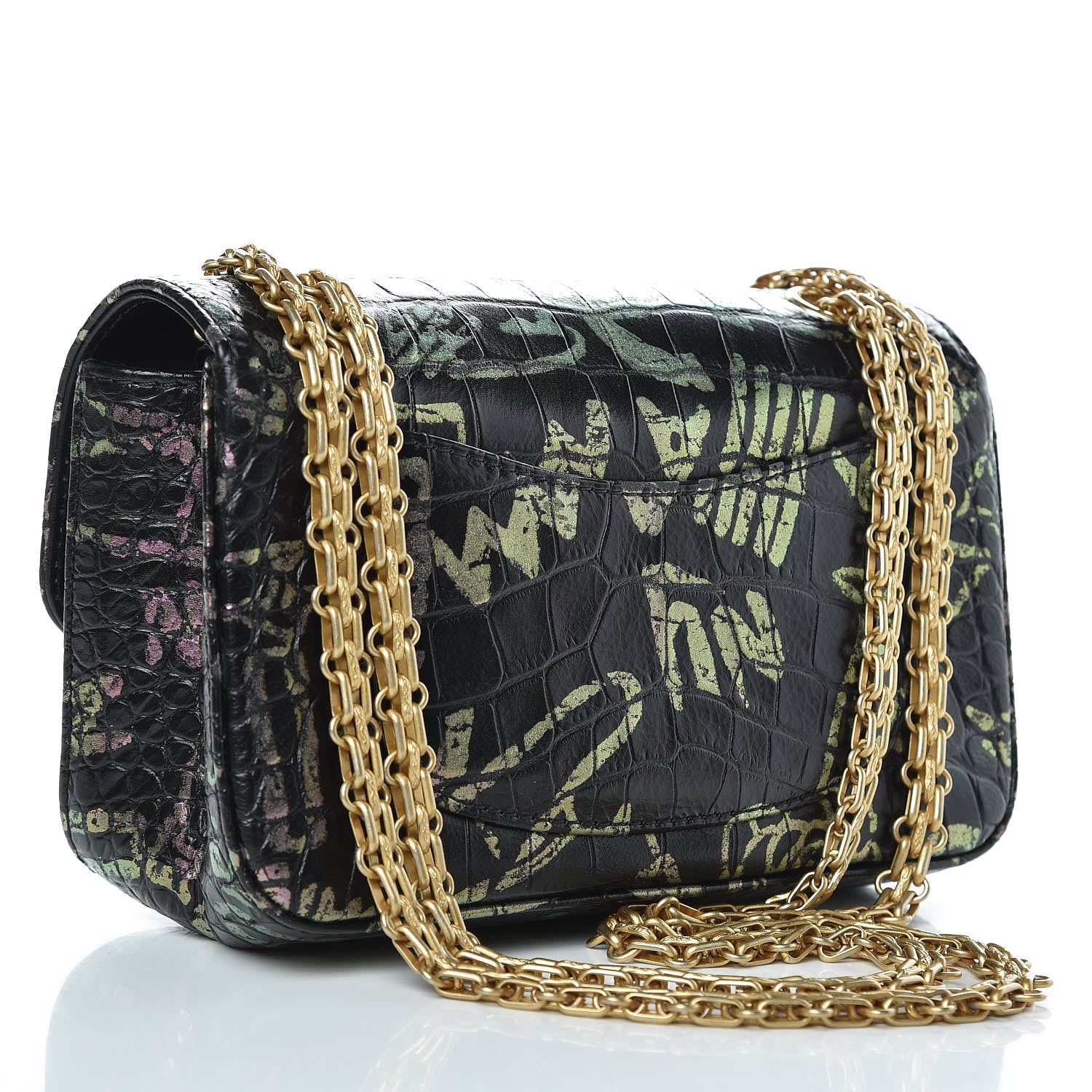 Chanel Calfskin Crocodile Embossed Graffiti 2.55 Mini Cocodile Reissue Flap Black Pink 3 of 11