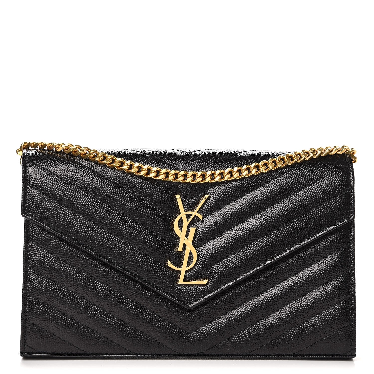 Saint Laurent Grain De Poudre Matelasse Chevron Monogram Chain Wallet Black 1 of 7