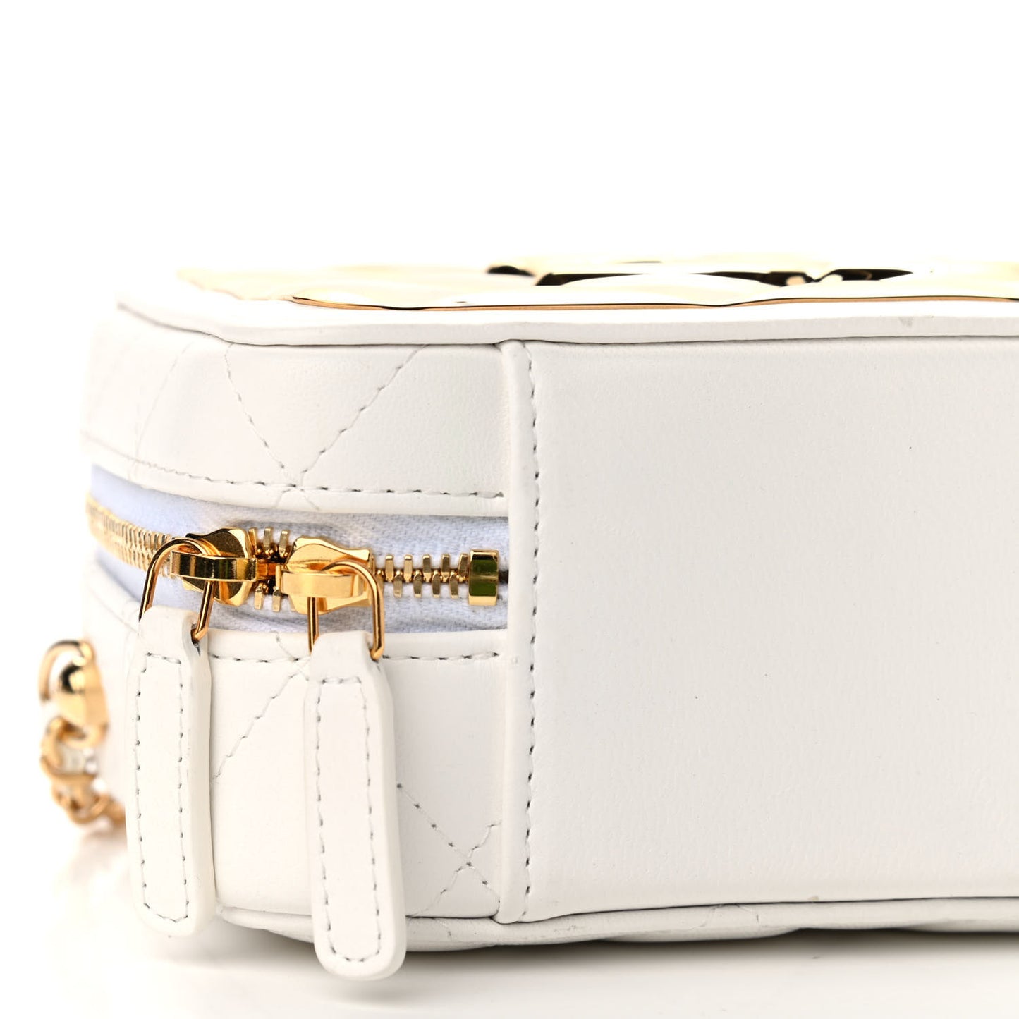 Lambskin Metal Quilted Mini Vanity Case With Chain White Gold