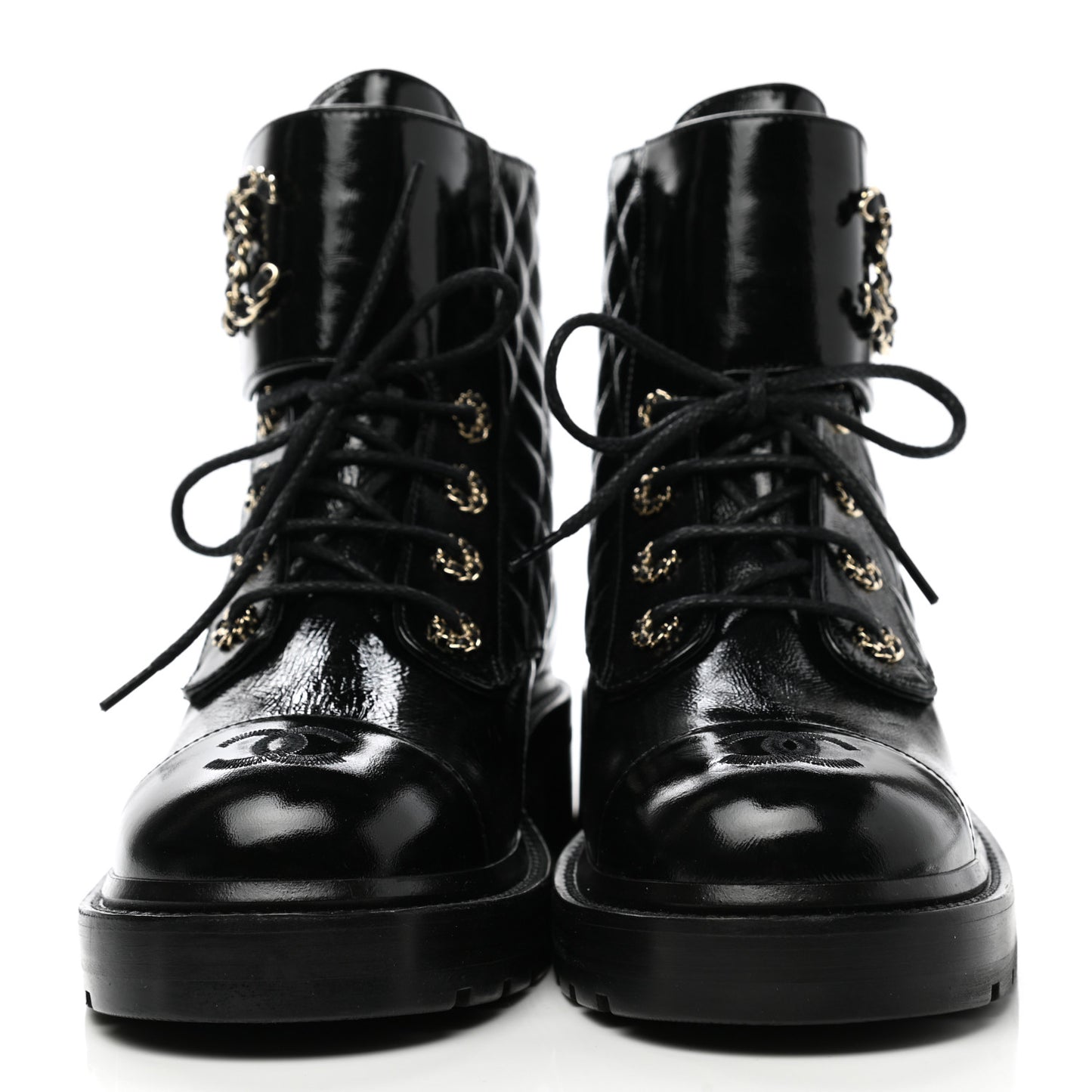 Shiny Lambskin Quilted Lace Up Combat Boots 40.5 Black