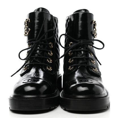 Chanel Shiny Lambskin Quilted Lace Up Combat Boots 40.5 Black 2 of 9