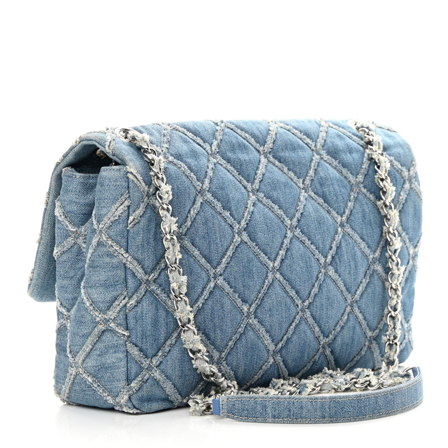 Frayed Denim Quilted Large Blue Chip Flap Blue