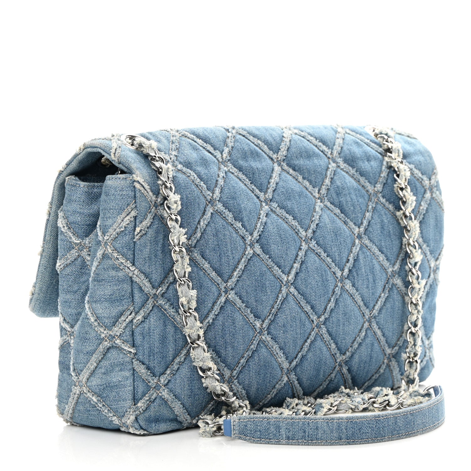 Chanel Frayed Denim Quilted Large Blue Chip Flap Blue 3 of 13