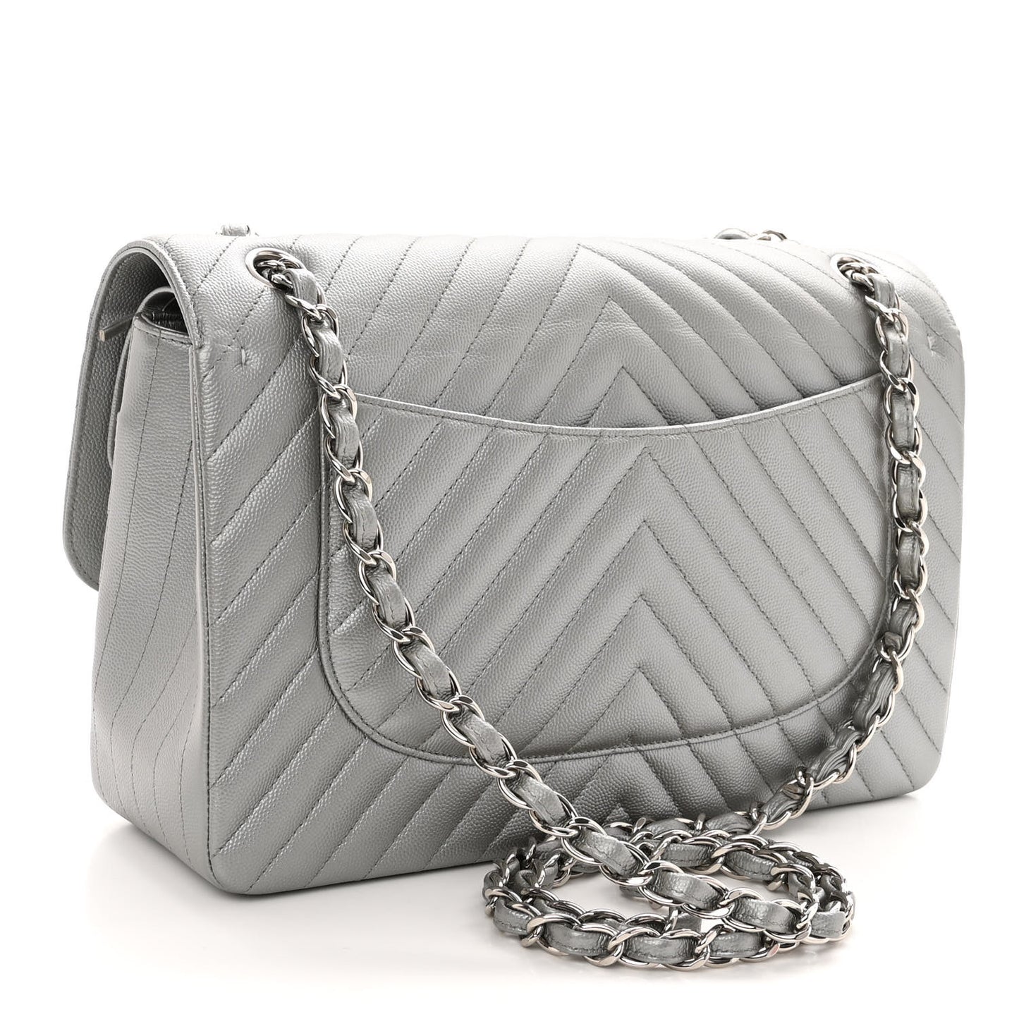 Metallic Caviar Chevron Quilted Jumbo Double Flap Silver