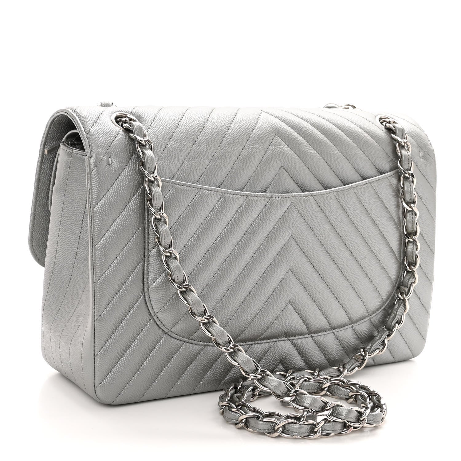 Chanel Metallic Caviar Chevron Quilted Jumbo Double Flap Silver 3 of 10