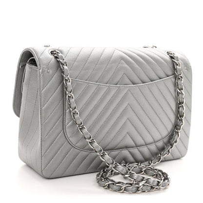 Chanel Metallic Caviar Chevron Quilted Jumbo Double Flap Silver 3 of 10