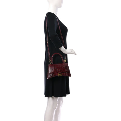Balenciaga Shiny Calfskin Crocodile Embossed Small Hourglass Top Handle Bag Dark Red 2 of 13