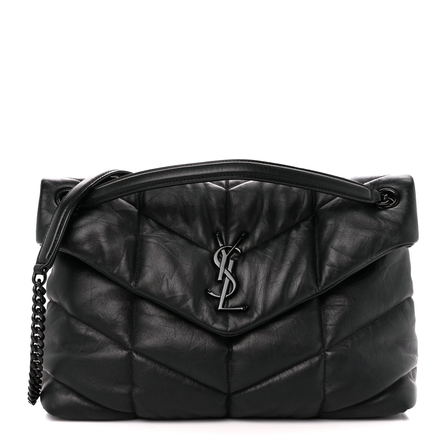Lambskin Quilted Monogram Monochrome Medium Loulou Puffer Chain Satchel Black