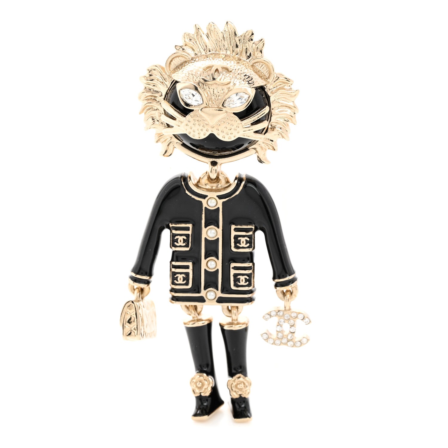 Chanel Enamel Crystal Pearl CC Lion Brooch Black White 1 of 4