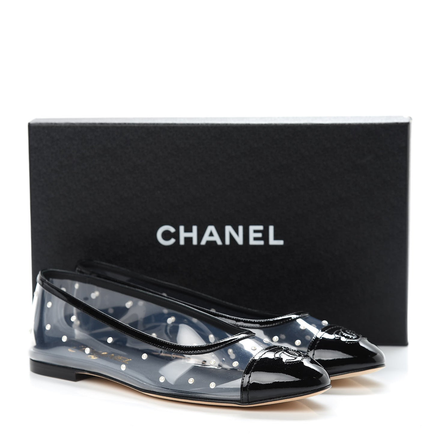 PVC Patent Calfskin Pearl Cap Toe Ballerina Flats 39 Transparent Black