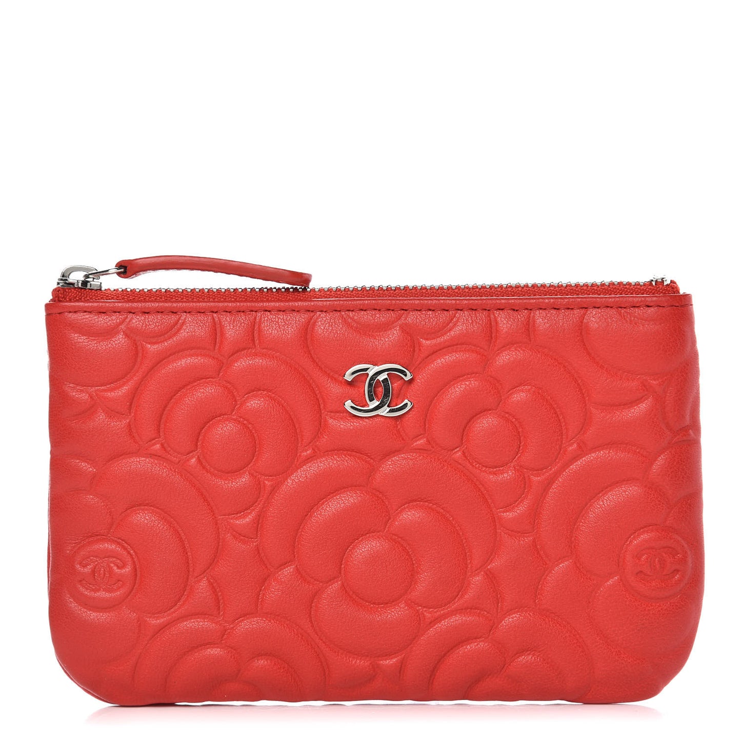 Goatskin Camellia Embossed Cosmetic Pouch Red