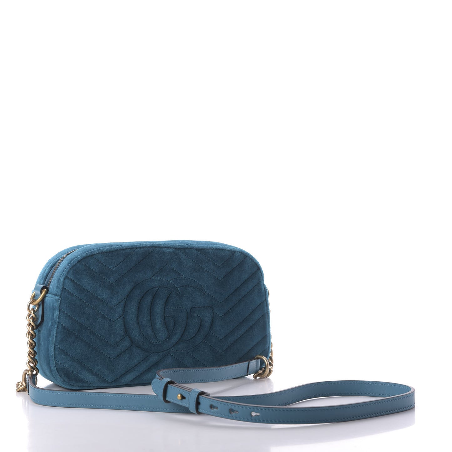 Velvet Matelasse Small GG Marmont Chain Shoulder Bag Pavone Cyan