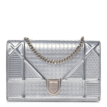 Christian Dior Metallic Patent Micro-Cannage Diorama Wallet on Chain Pouch Silver 1 of 16