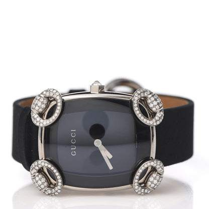 Gucci 18K White Gold Satin Diamond 28mm Horsebit Quartz Watch Black 3 of 5