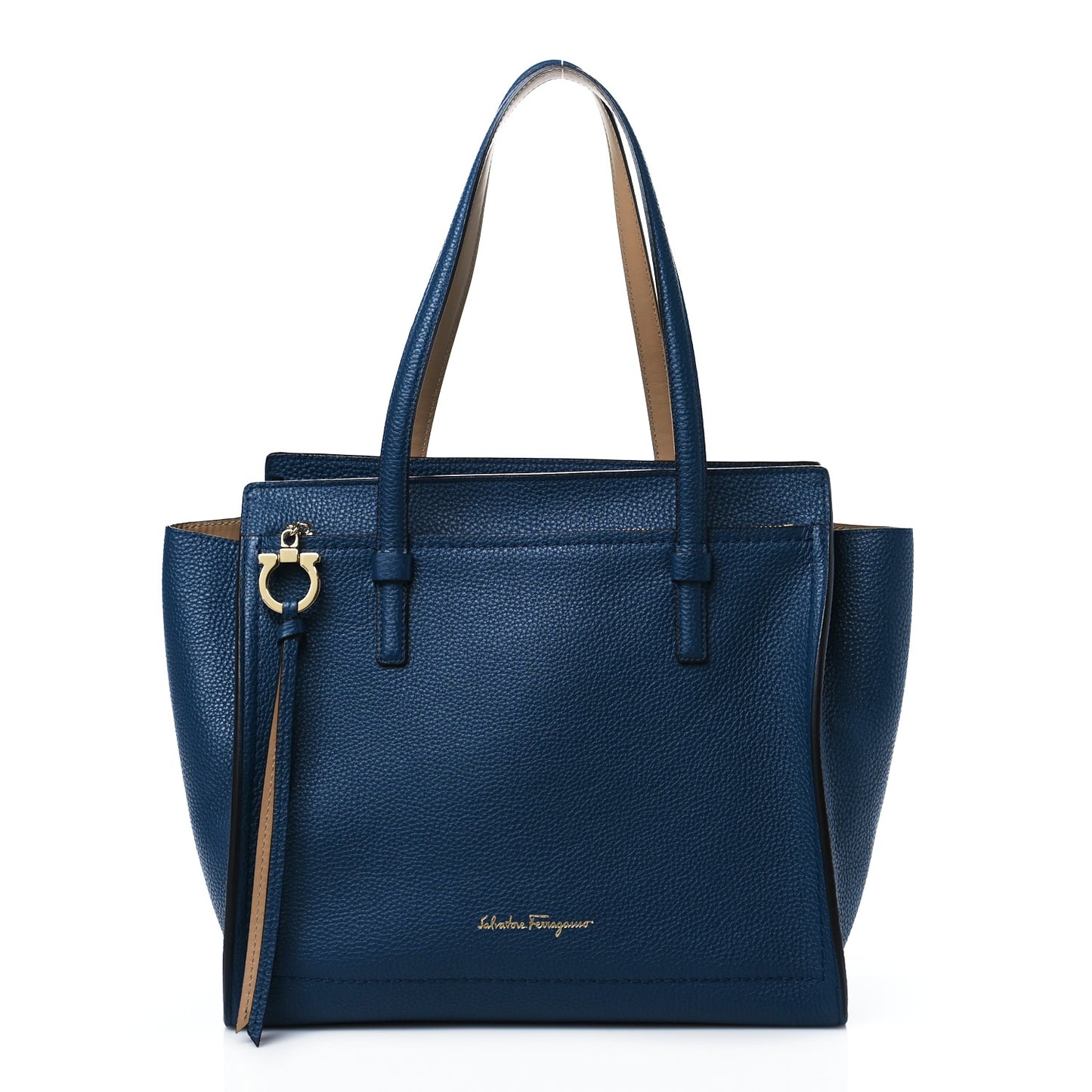 Hammered Calfskin Double Handle Medium Amy Tote Blue Beige