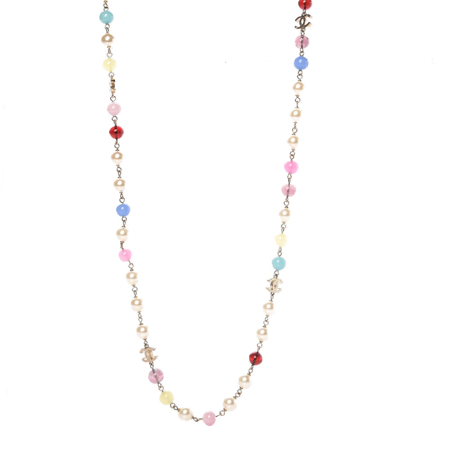 Pearl Beaded Flower Enamel CC Long Necklace Gold Multicolor