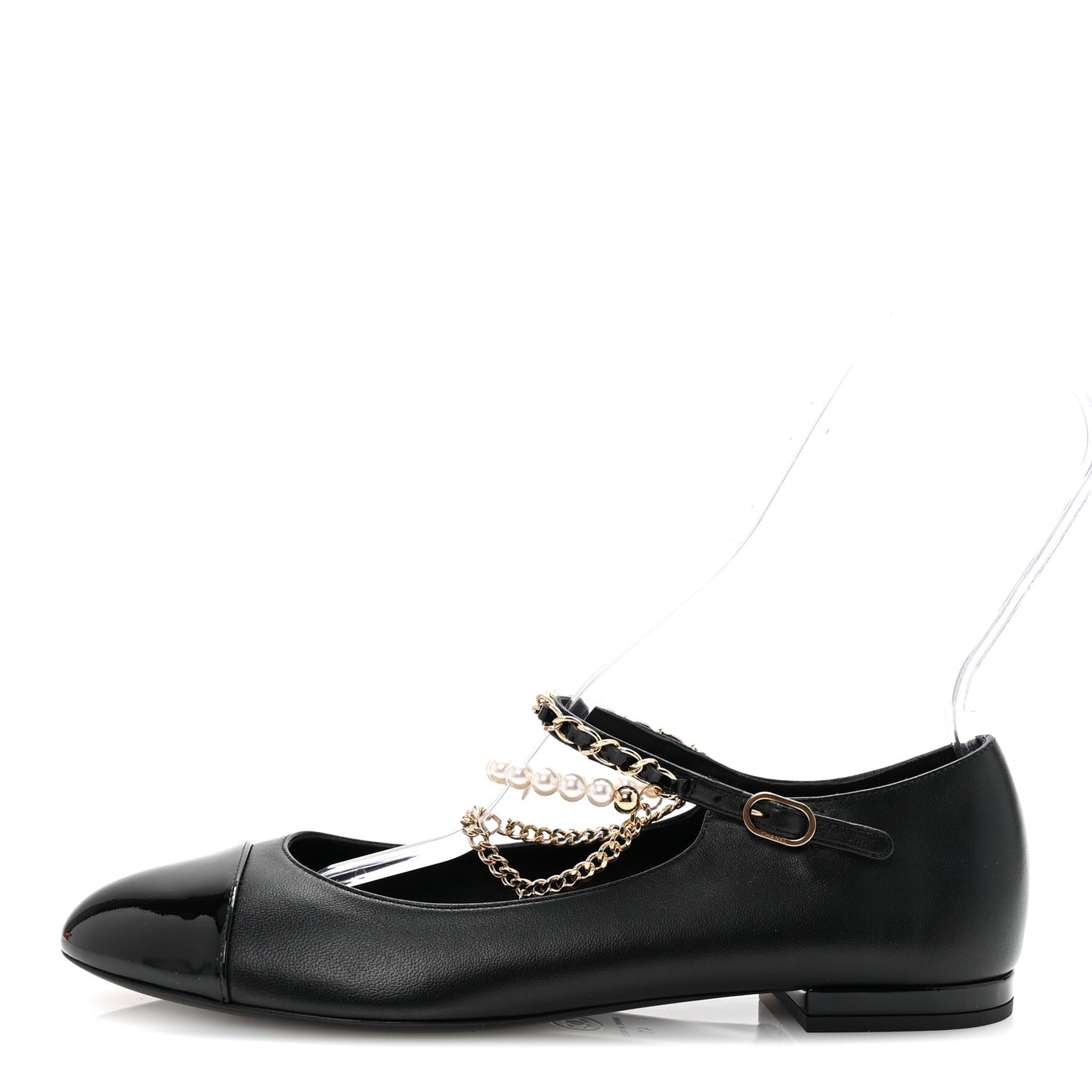 Shiny Lambskin Pearl Cap Toe Ankle Chain Ballerina Flats 41 Black