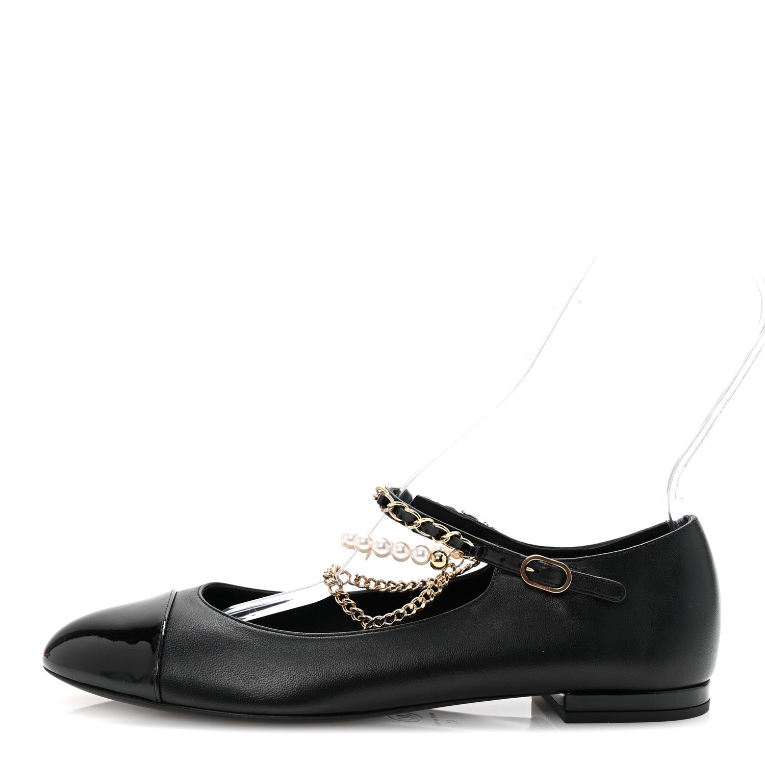 Chanel Shiny Lambskin Pearl Cap Toe Ankle Chain Ballerina Flats 41 Black 1 of 10