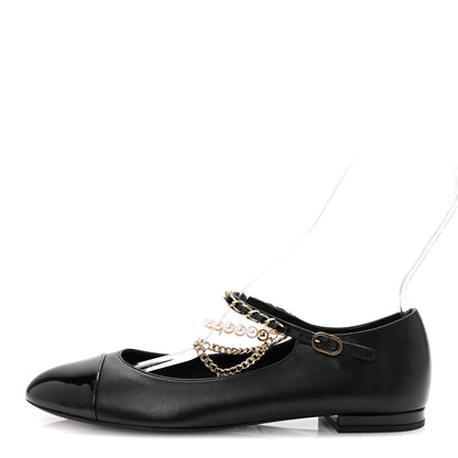 Chanel Shiny Lambskin Pearl Cap Toe Ankle Chain Ballerina Flats 41 Black 1 of 10
