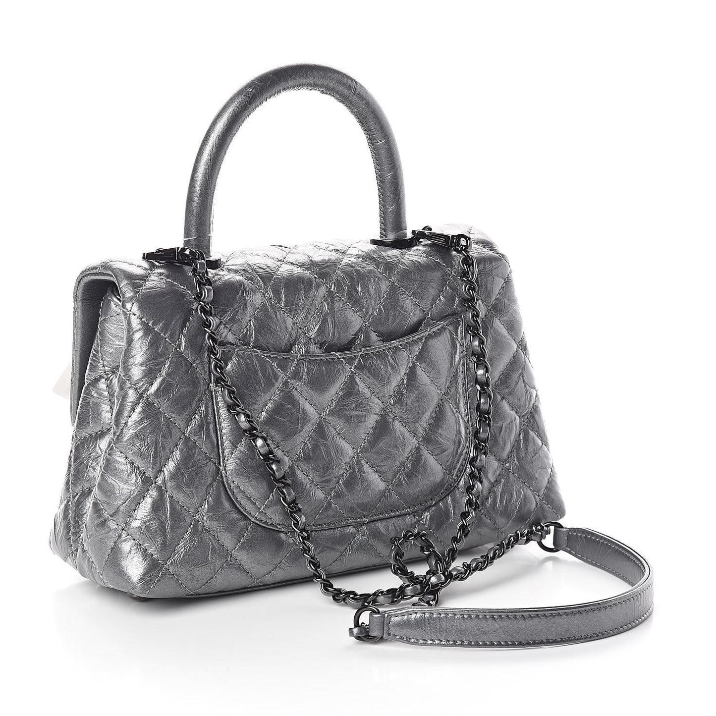 Metallic Aged Calfskin Quilted Mini Coco Handle Flap Charcoal
