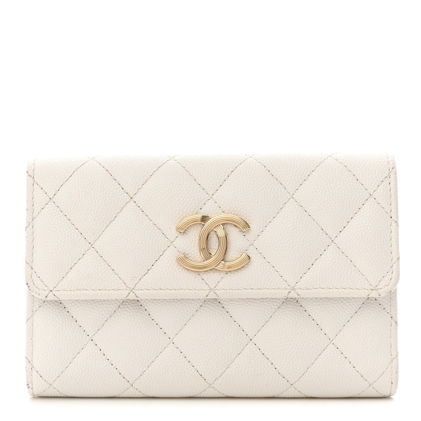 Caviar Quilted Striated CC Medium Flap Wallet White