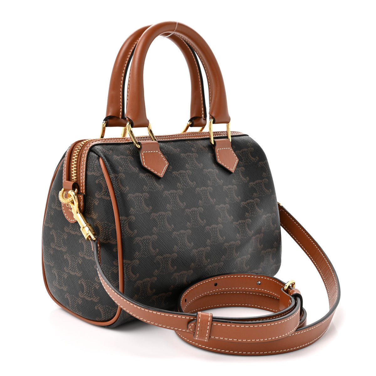 Triomphe Canvas Calfskin Small Boston Bag Tan