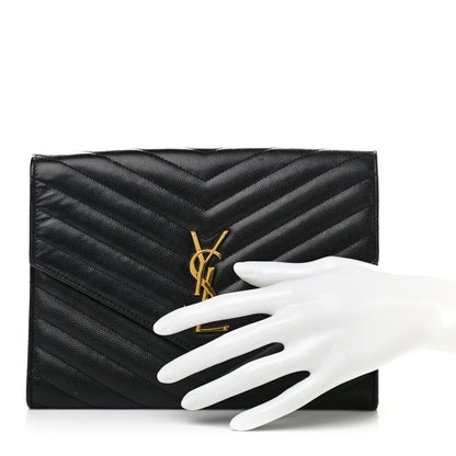 Saint Laurent Grain De Poudre Matelasse Chevron Monogram Envelope Clutch Black 2 of 8