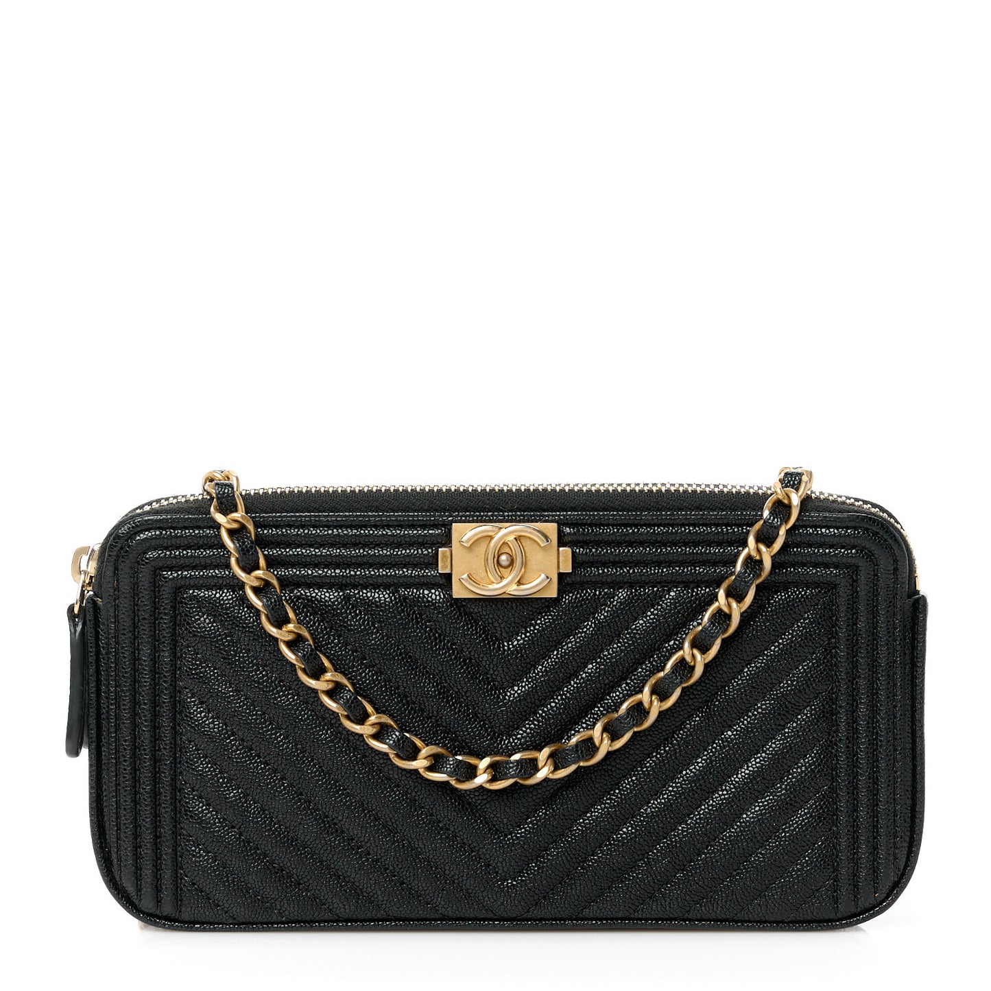 Caviar Chevron Small Boy Clutch With Chain Black