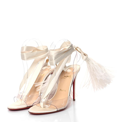 Christian Louboutin Satin Ostrich PVC Marie Edwina 100 Sandals 38.5 Off White 3 of 12