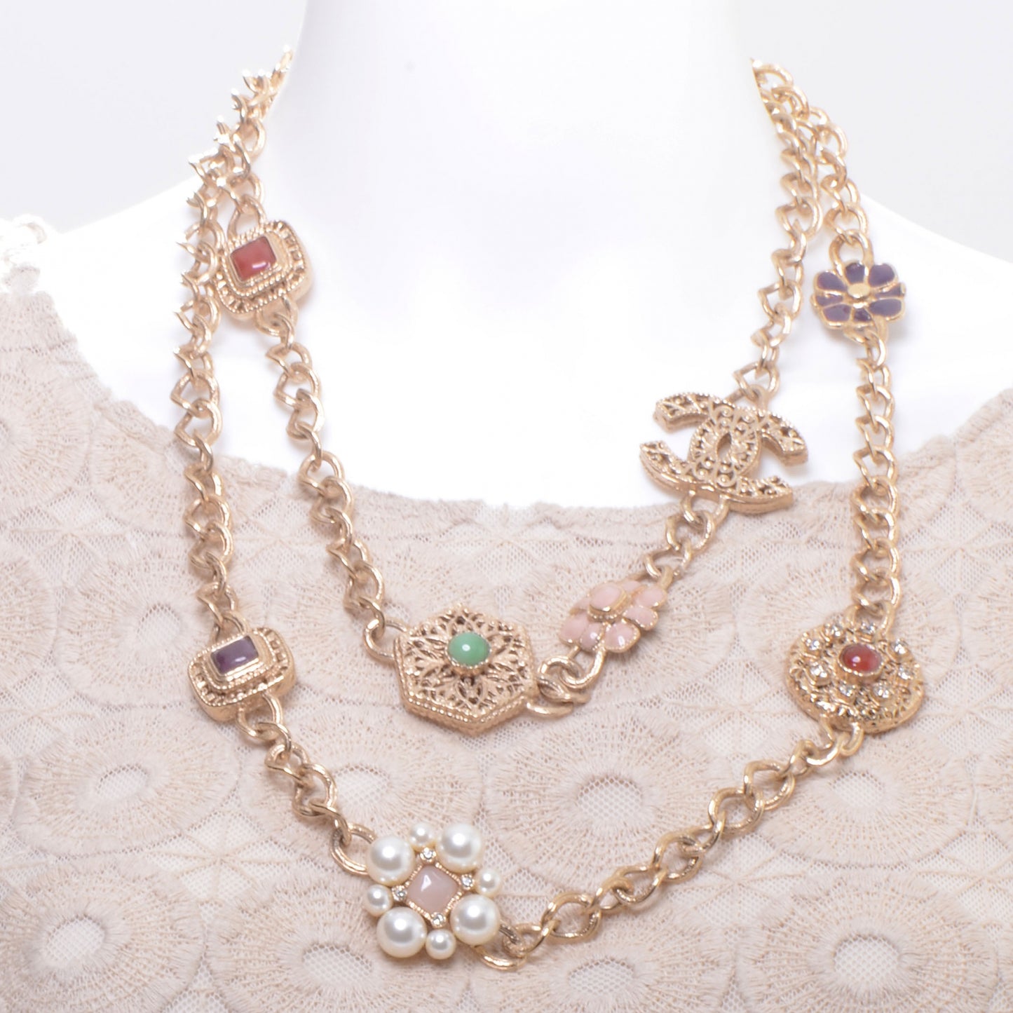 Crystal Gold Charm Pearl CC Chain Necklace