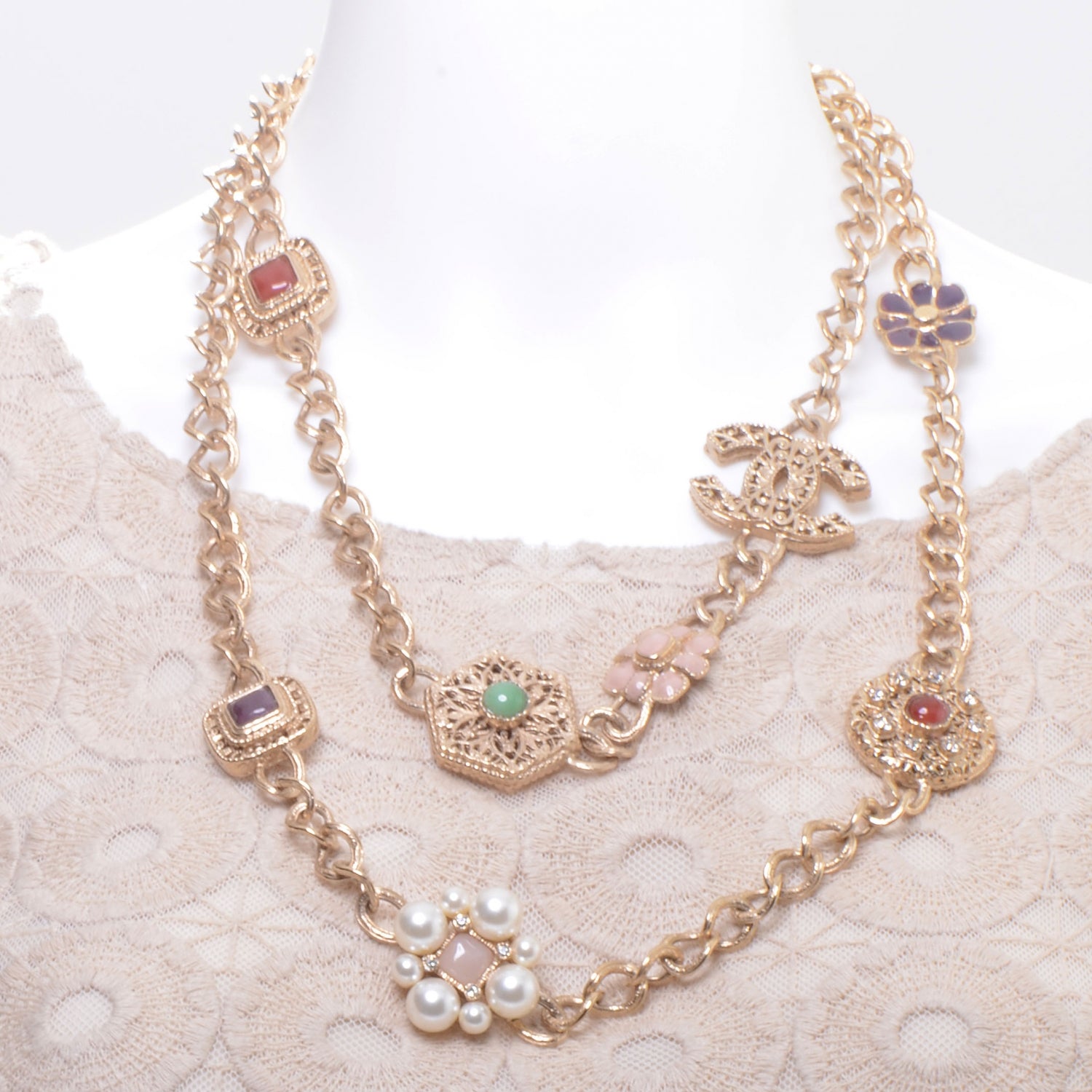 Chanel Crystal Gold Charm Pearl CC Chain Necklace 2 of 4